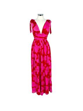 Sugarlips Descanso Dress Red Pink Floral Maxi Plunging V-Neck Size Small NWT